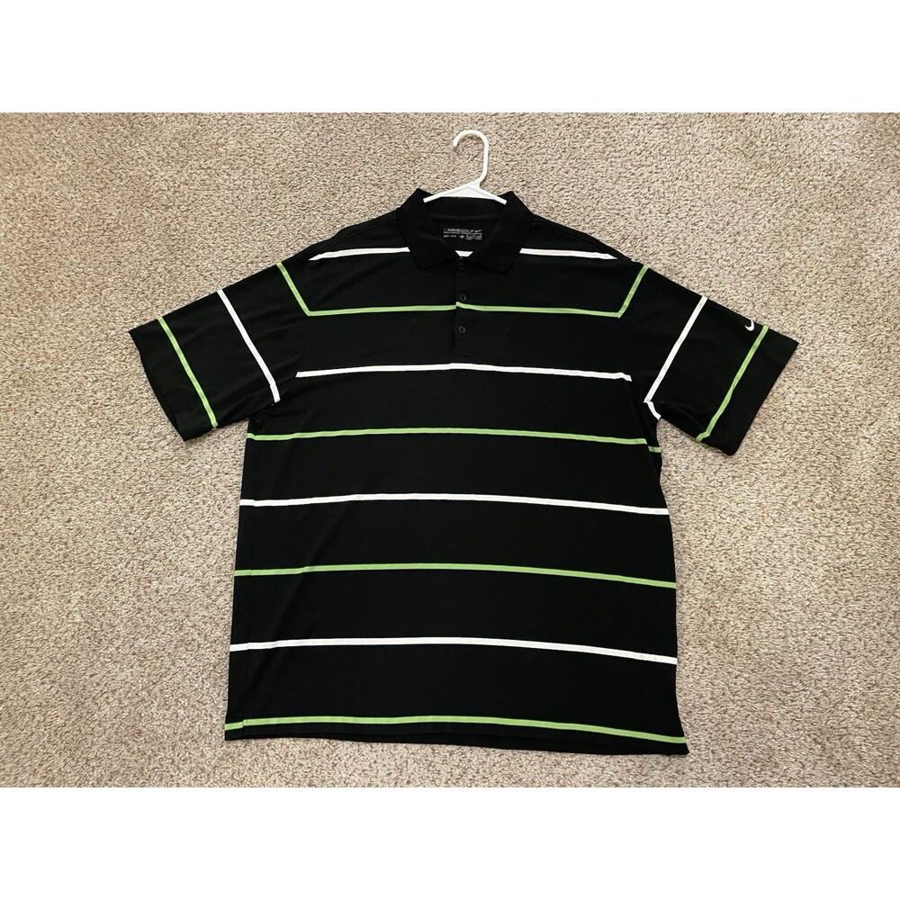 Nike Golf Dri Fit Polo Shirt Mens XL Black Green Striped Athletic Golf